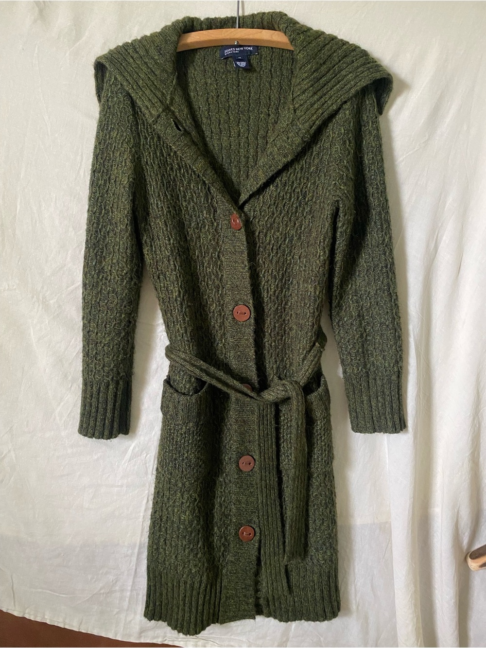 Jones New York Wool Olive Green Cable-Knit Long Cardigan with Belt